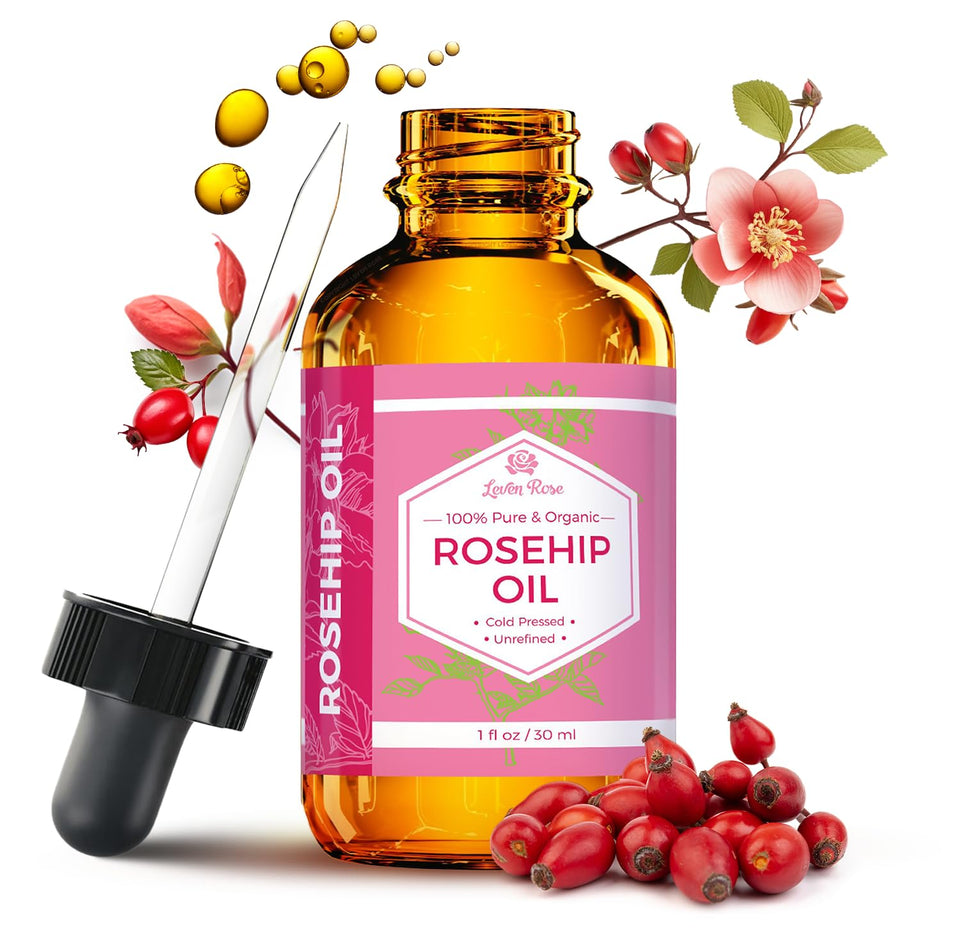 Leven Rose front bottle view showing pure rosehip oil and benefits