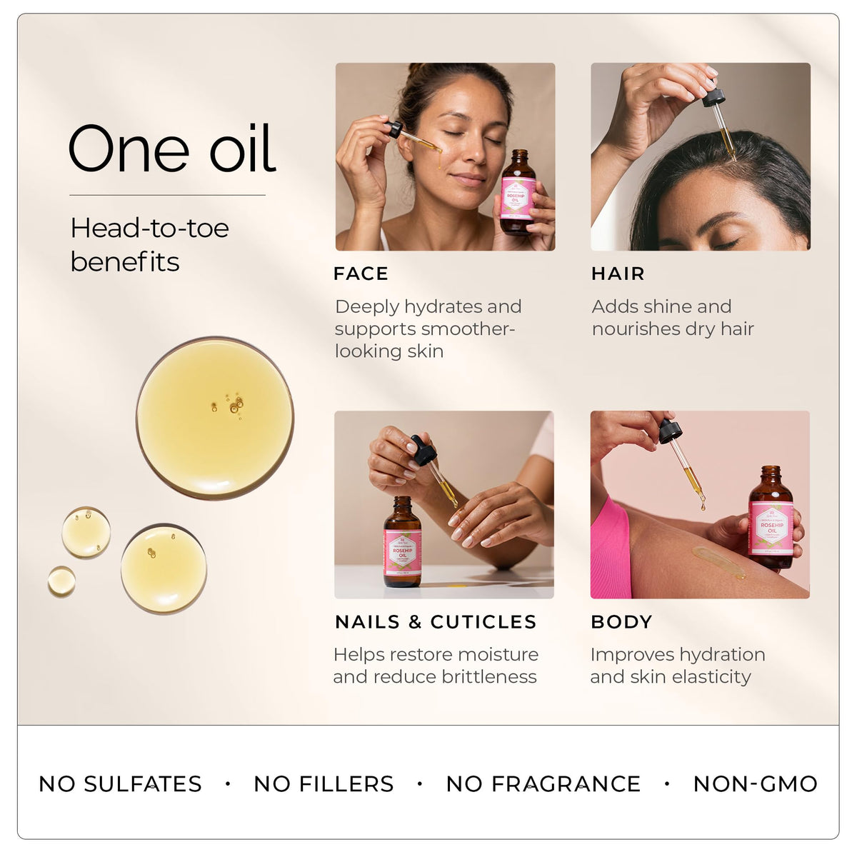 Leven Rose oil texture close-up highlighting lightweight absorption