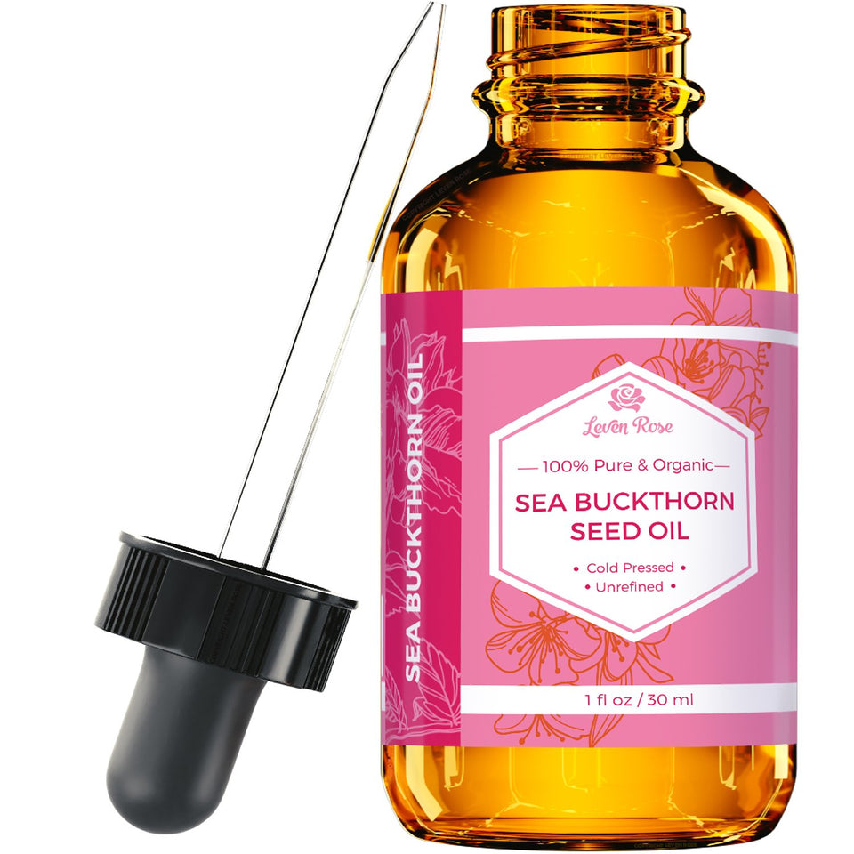 Leven Rose front packaging showing amber bottle and pure seed oil benefits