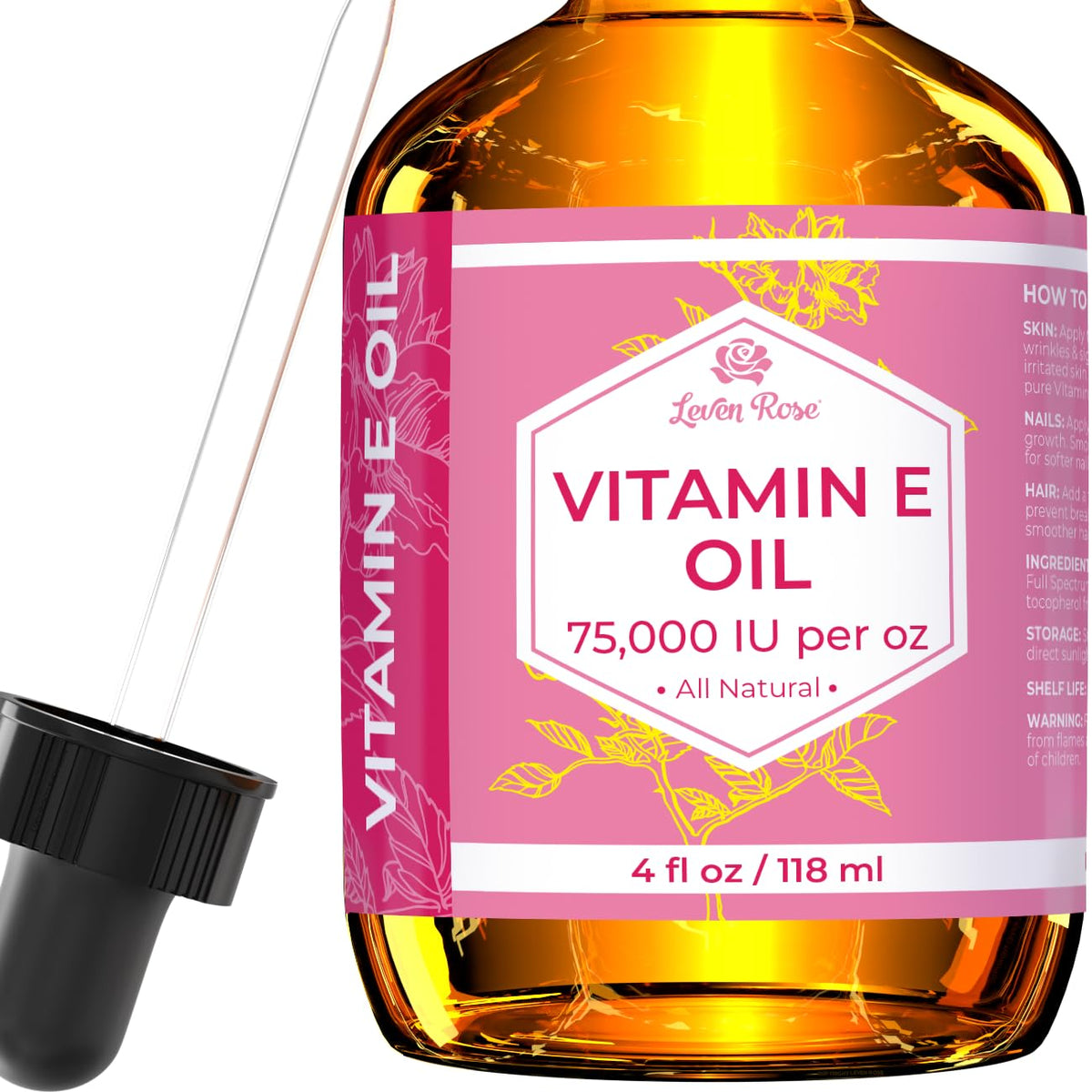 Leven Rose bottle front view showing label and pure vitamin E oil benefits