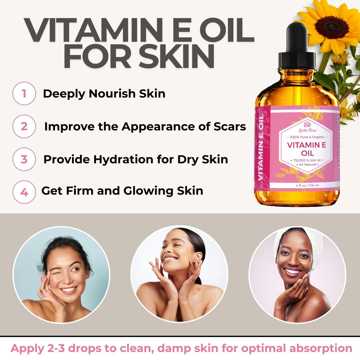Leven Rose pipette dispensing vitamin E oil for precise, mess-free application
