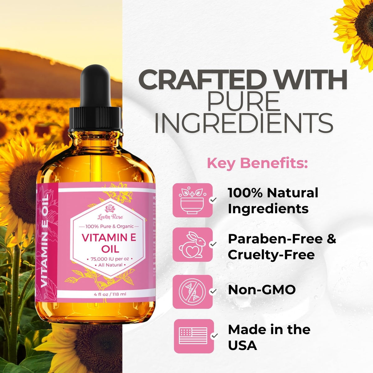 Close-up of vitamin E oil drop texture from Leven Rose adding hydration