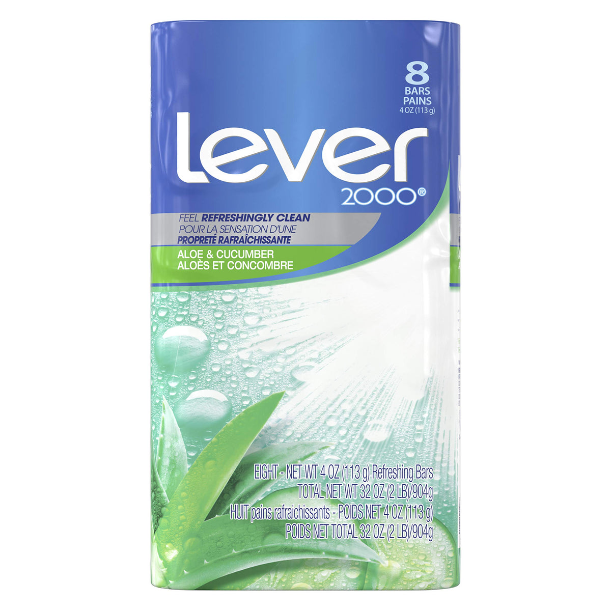 Lever 2000 front packaging showing aloe and cucumber scent and value pack benefit