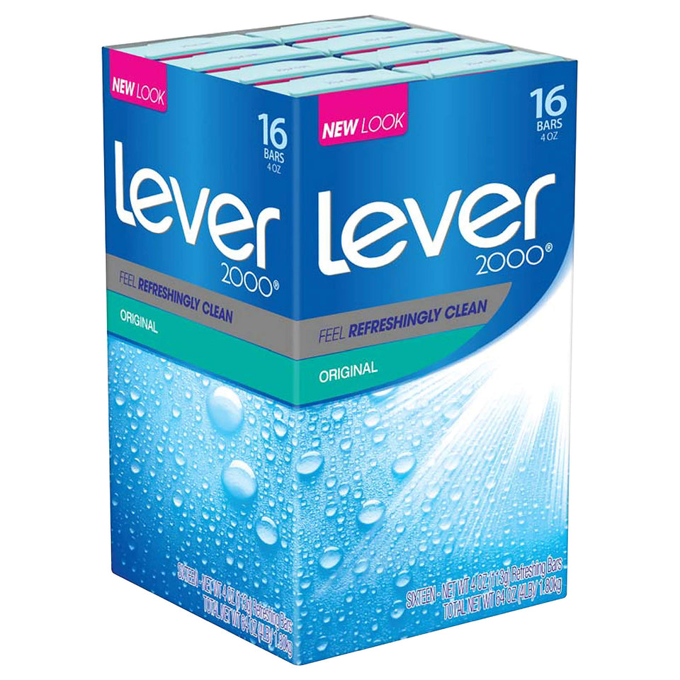 Lever 2000 front packaging showing 16-bar value pack and new design, clear identification benefit