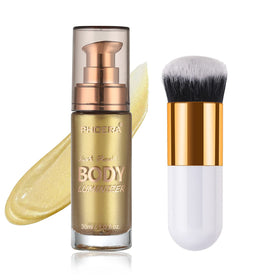 Lezero bottle front view showing metallic gold luminizer and included brush for precise application