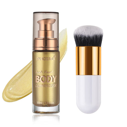 Lezero bottle front view showing metallic gold luminizer and included brush for precise application