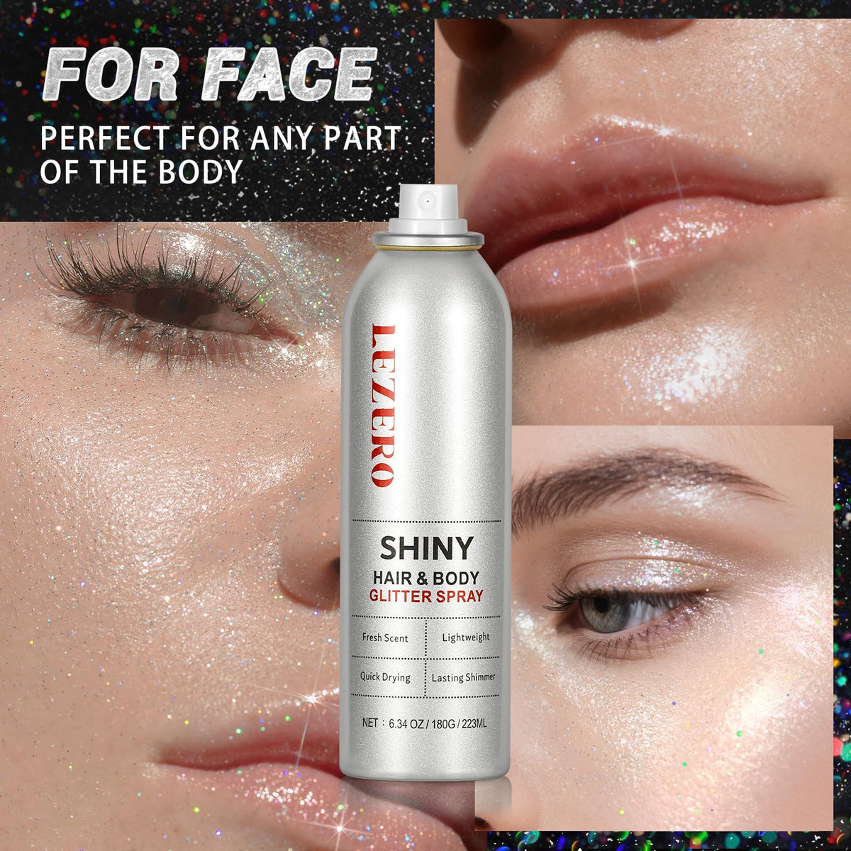 Lezero body sparkle on shoulder and chest providing long-lasting visible shimmer