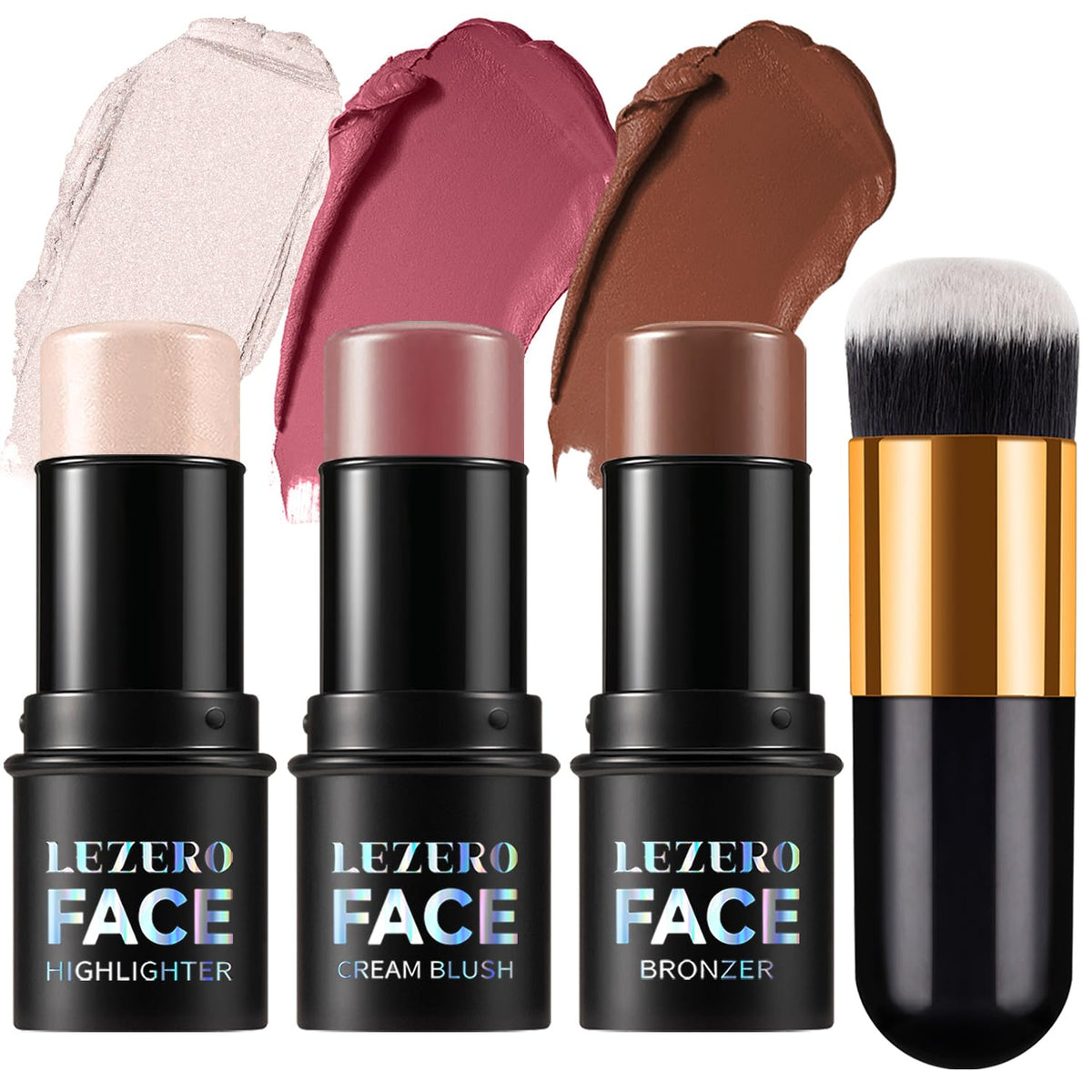 Lezero contour stick front view showing neutral shade trio and compact design benefit travel-ready simplicity