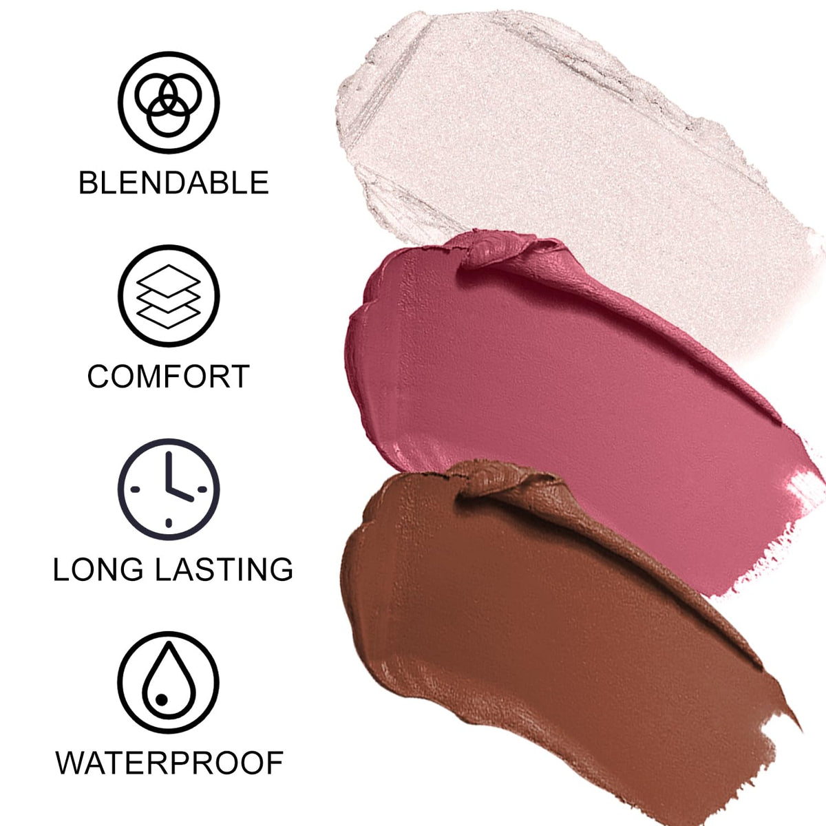 Lezero texture swatch of contour, blush and highlighter demonstrating blendable finish and buildable color
