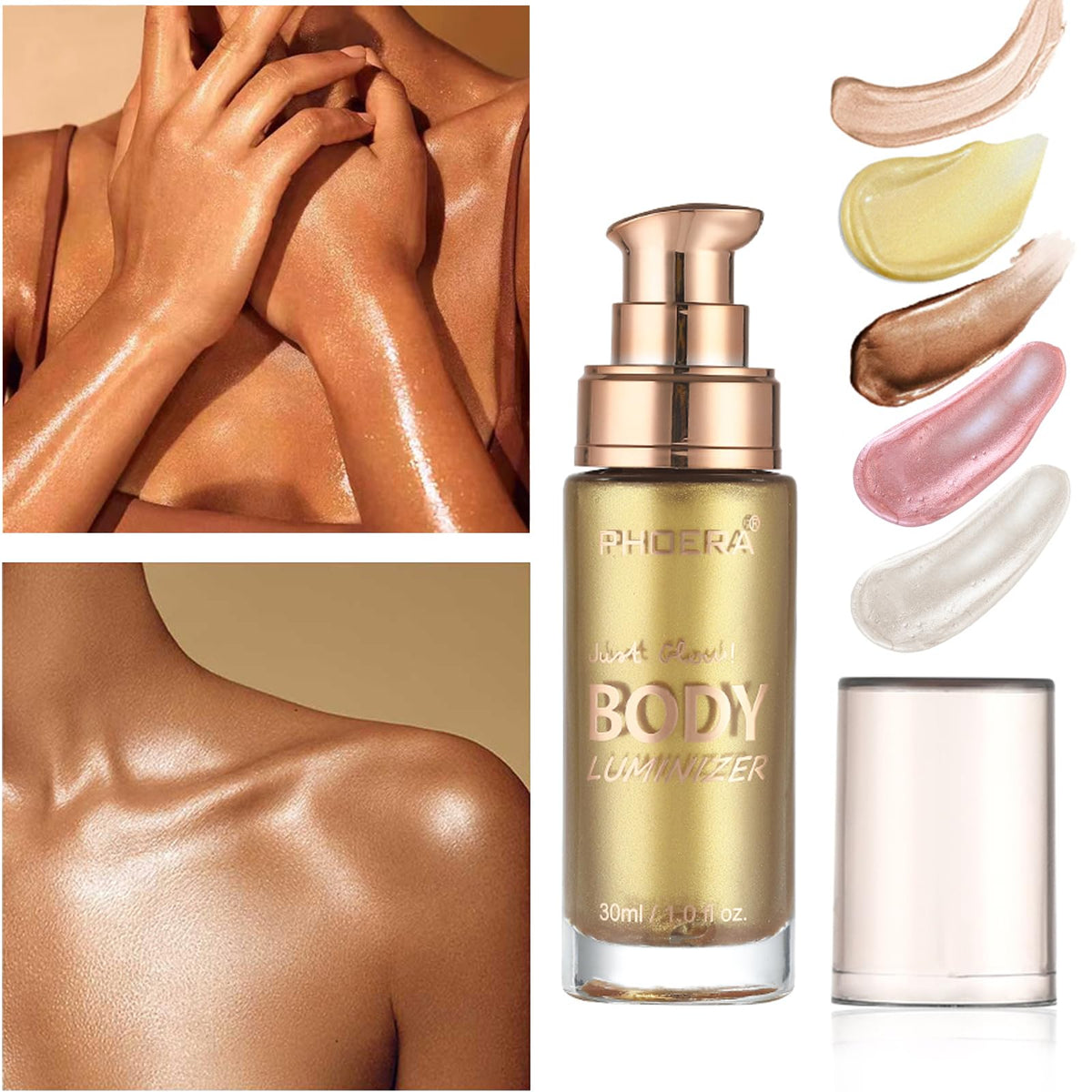 close-up of Lezero shimmer oil texture displaying fine gold particles and moisturized skin finish