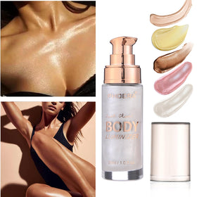 Lezero bottle pouring shimmer oil highlighting moisturizing, luminous finish