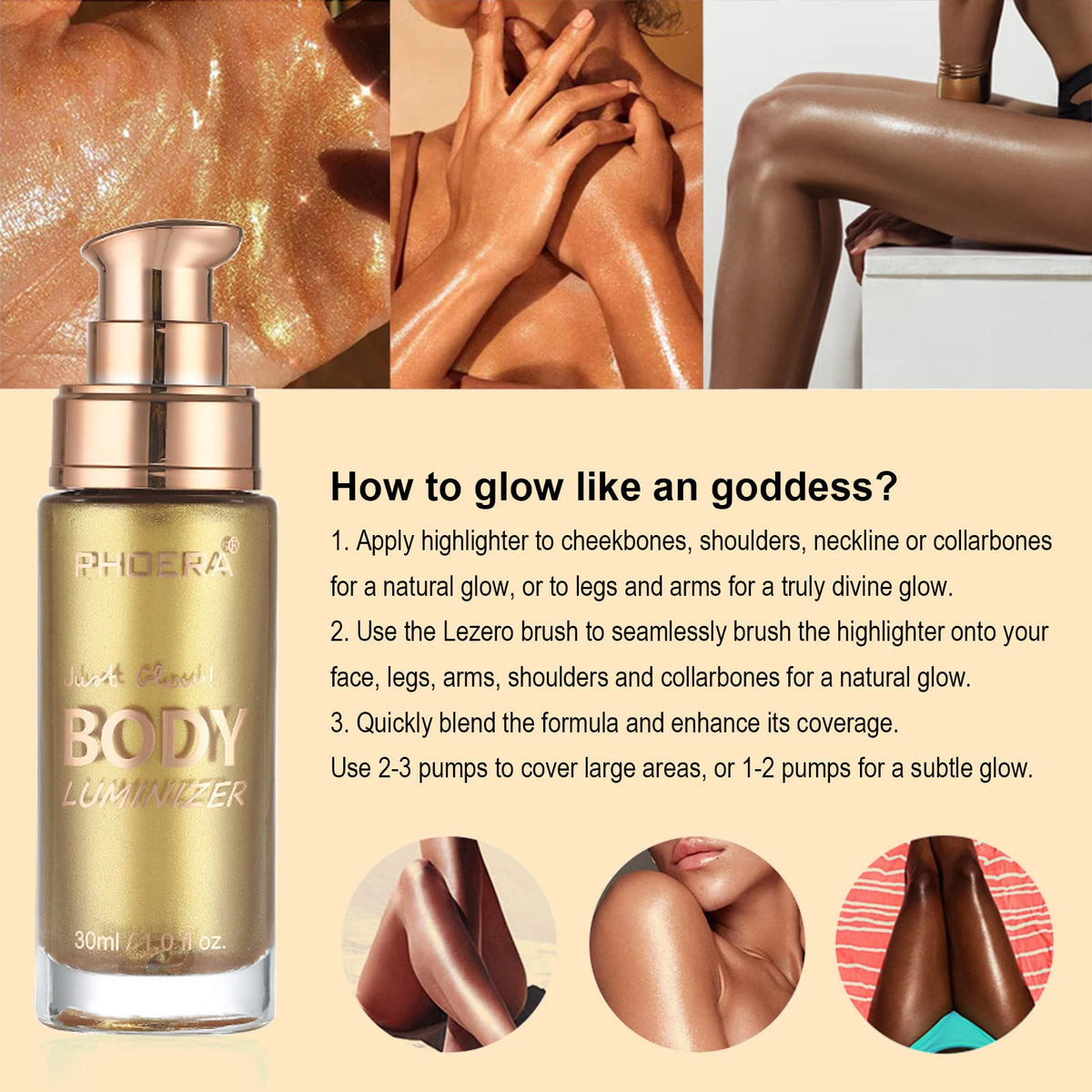 model applying Lezero body shimmer oil to collarbone for radiant, sun-kissed effect