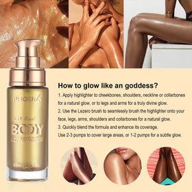 model applying Lezero body shimmer oil to collarbone for radiant, sun-kissed effect