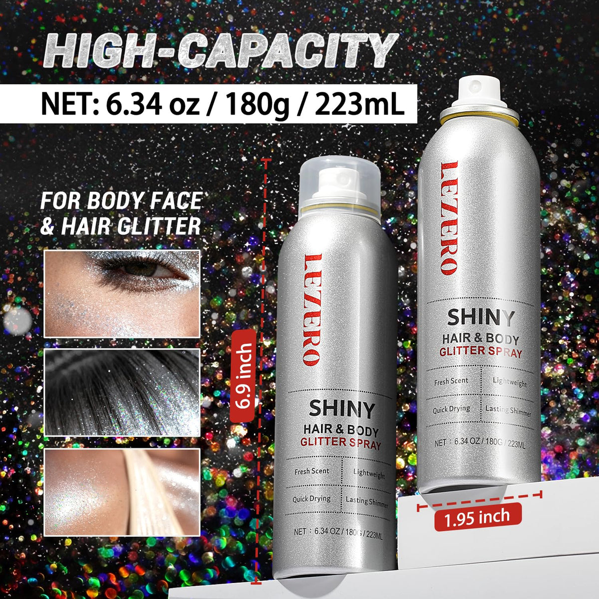 Lezero spray in action applying glitter to hair for instant festival sparkle