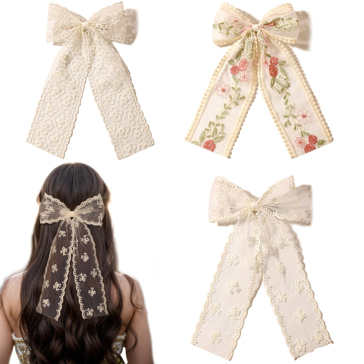 LFOUVRE front view beige lace bow showing elegant shape and immediate style