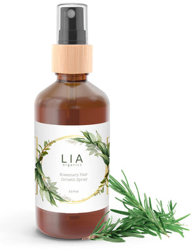 Lia Organics front bottle view showing clean rosemary spray branding and benefit
