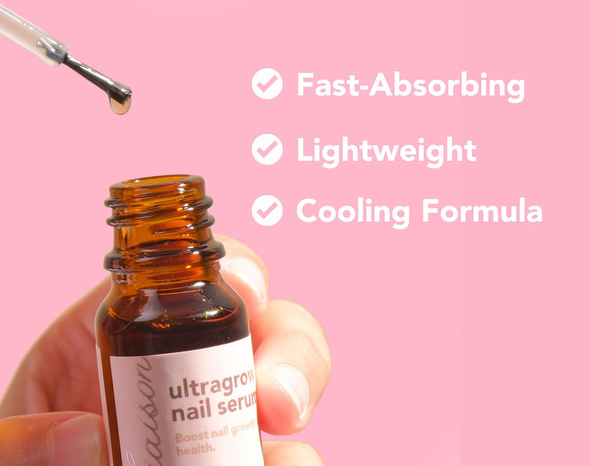 Liaison UltraGrow serum texture drop on fingertip, highlights fast-absorbing hydration