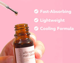 Liaison UltraGrow serum texture drop on fingertip, highlights fast-absorbing hydration