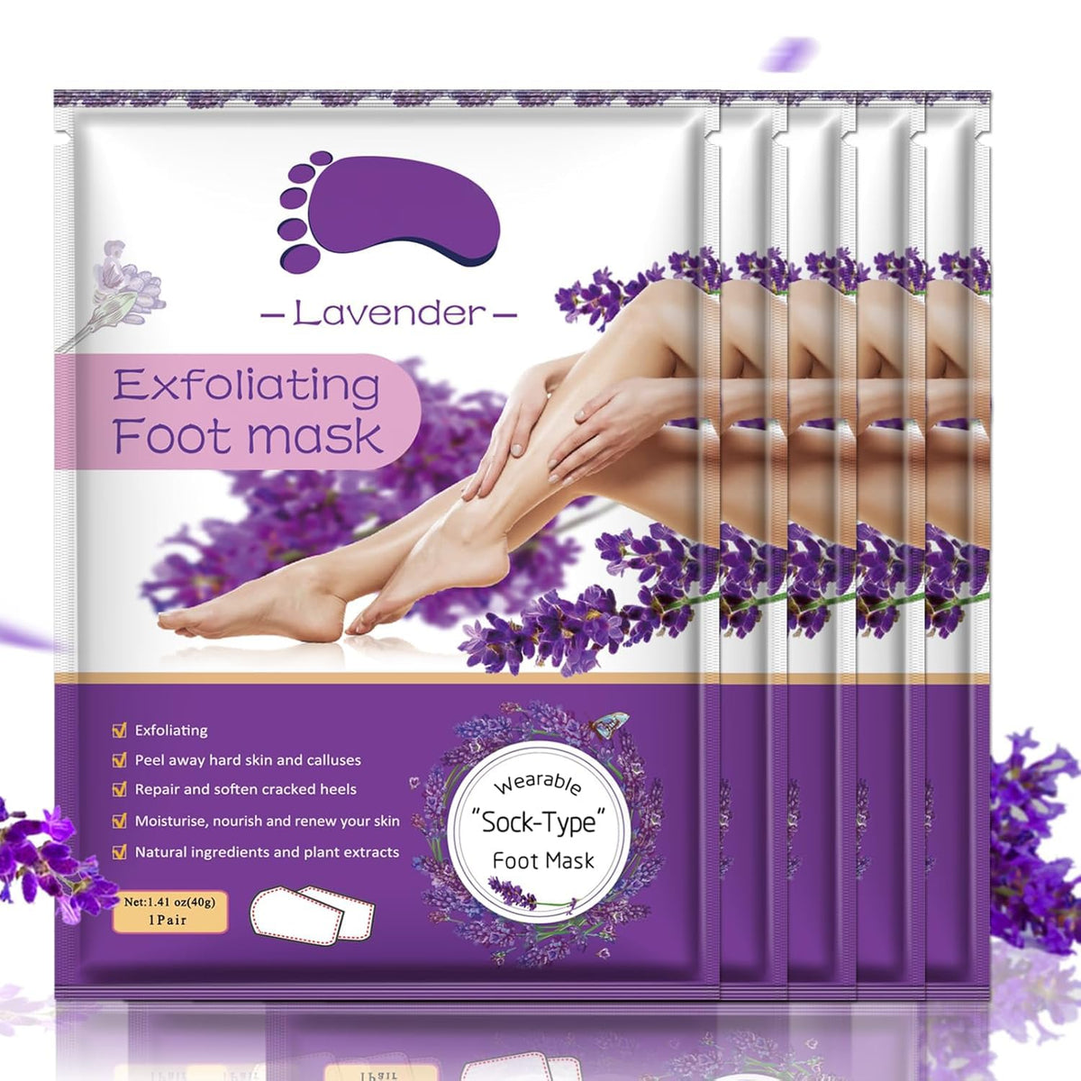 Liefiet front packaging showing five-pair lavender foot peel pack for convenient exfoliation