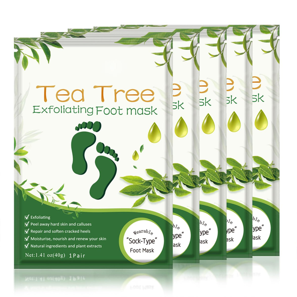 Liefiet front packaging showing five tea tree foot peel masks for easy home exfoliation