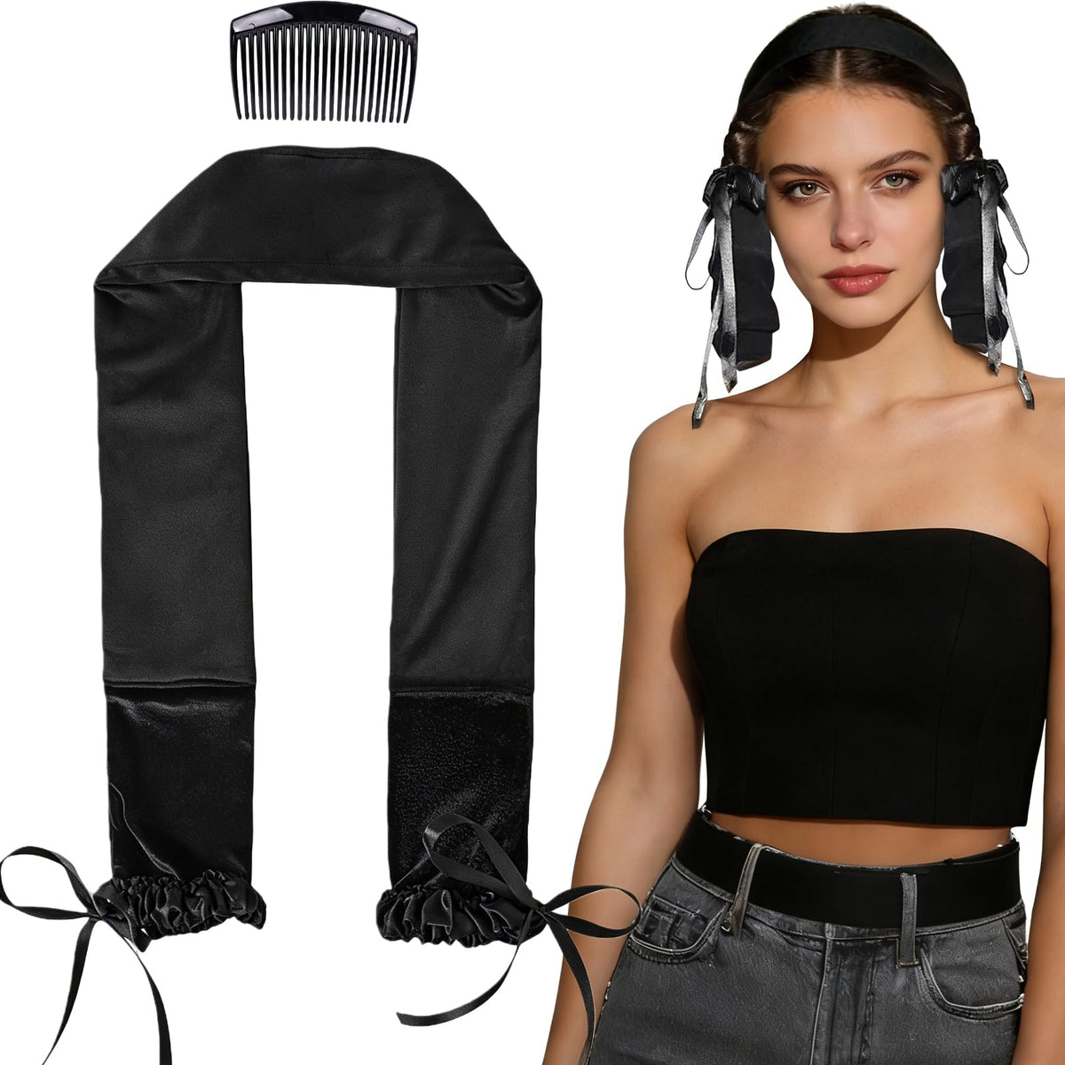 Liegaio Sleepie Tie front view showing sleek black band and comfy shape for gentle curls