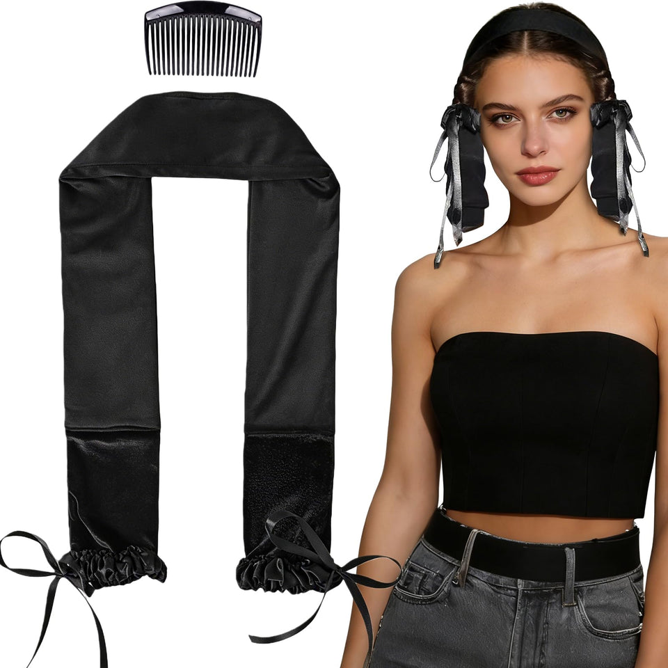 Liegaio Sleepie Tie front view showing sleek black band and comfy shape for gentle curls
