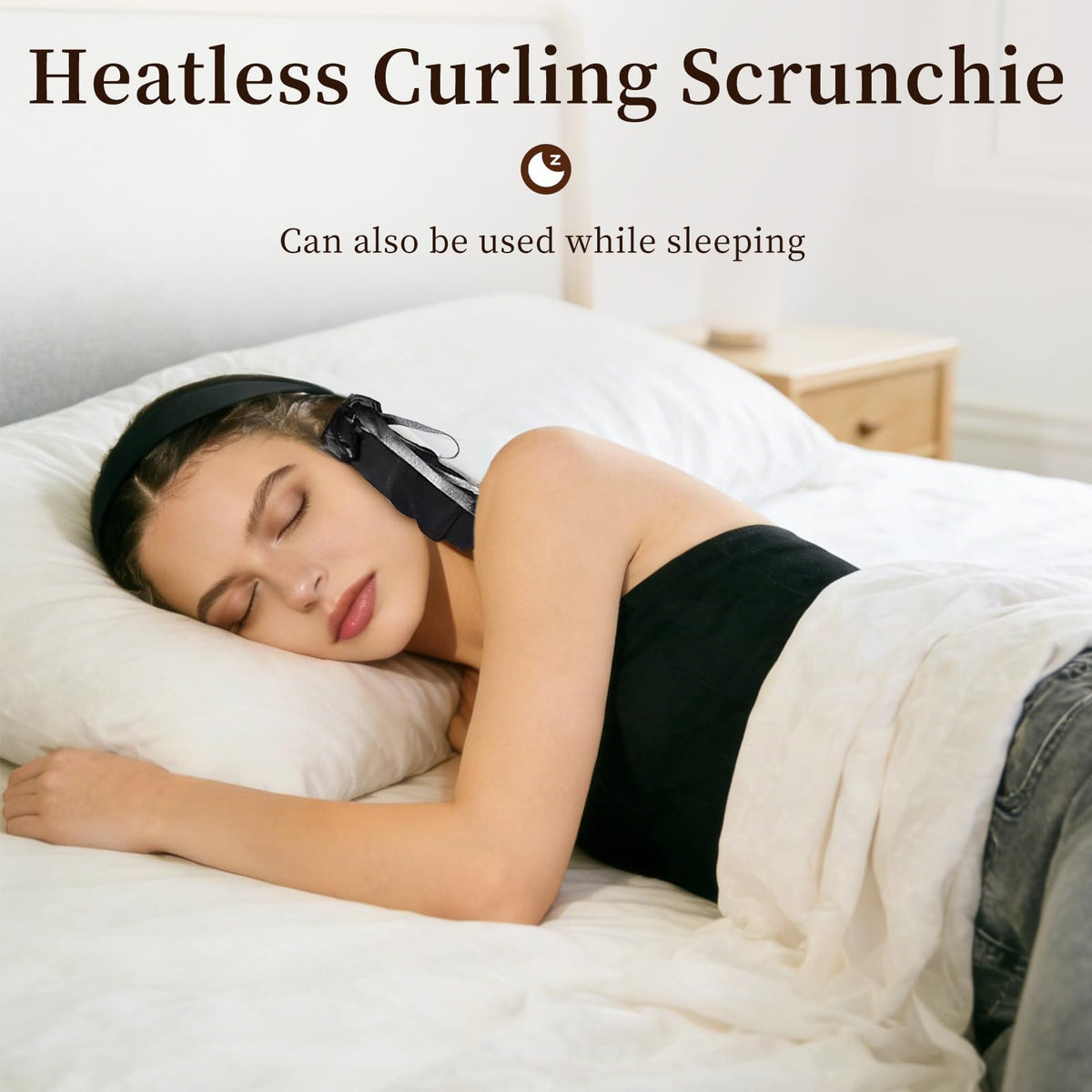 Liegaio Sleepie Tie worn while sleeping demonstrating comfortable overnight curl formation