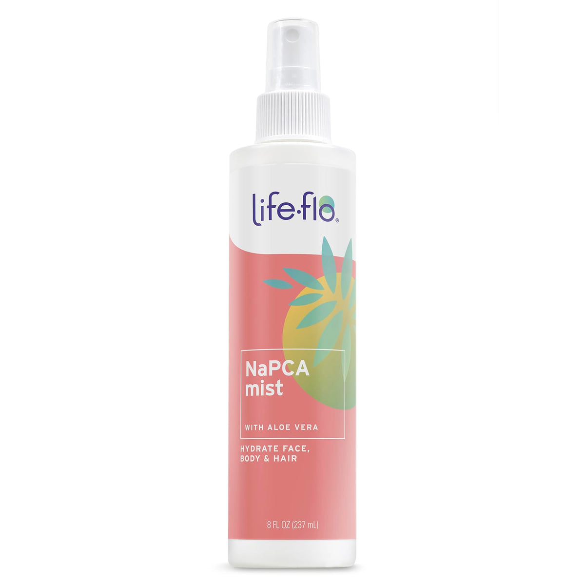 Life-Flo front label of NaPCA mist showing product and benefits