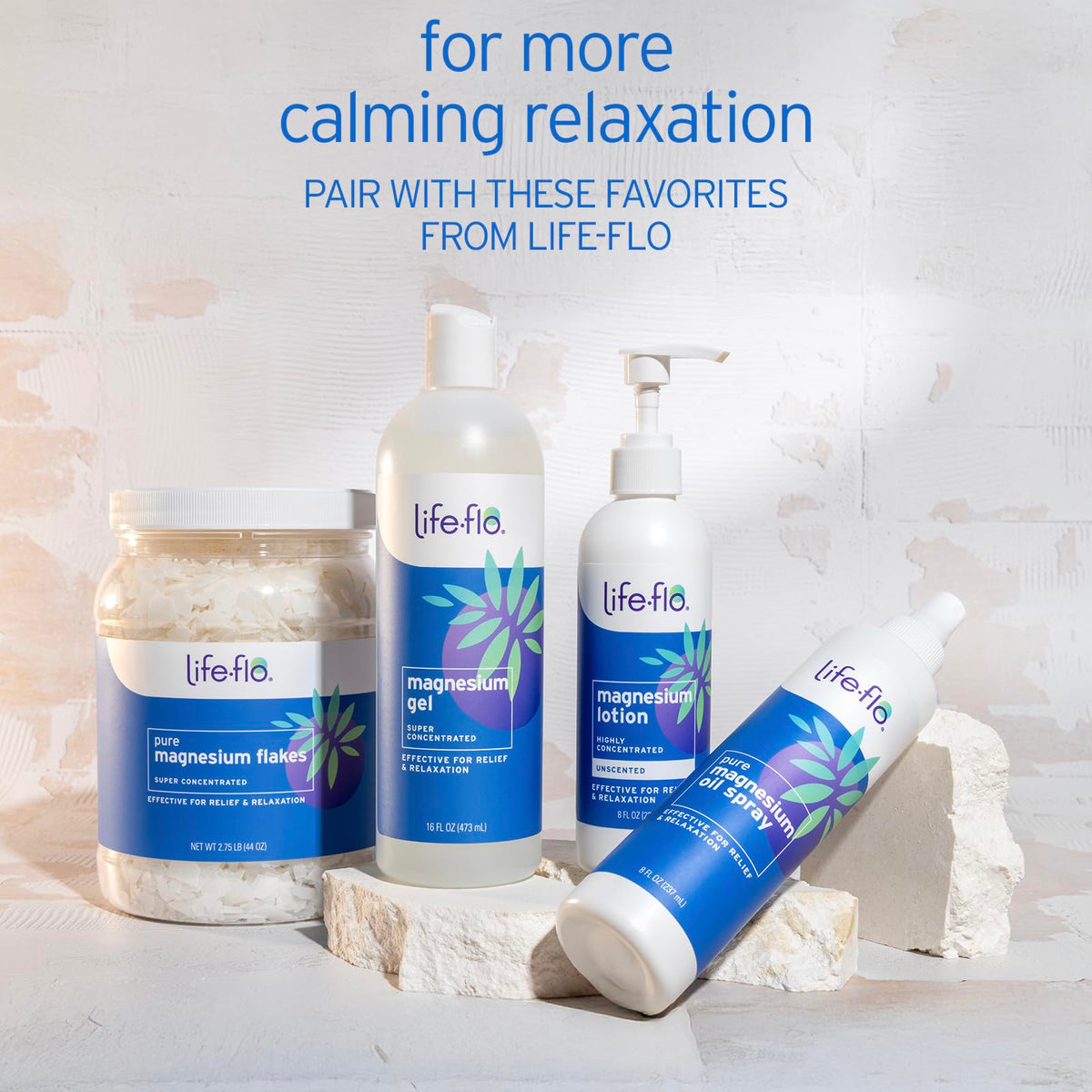 LIFE-FLO products staged on bathroom counter for daily self-care routine