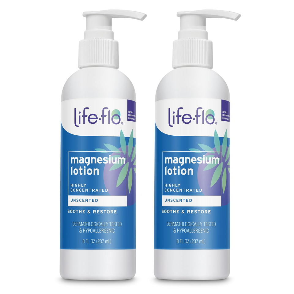 LIFE-FLO front view of two lotion bottles showing packaging and size benefits