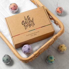 LifeAround2Angels close-up of bath bomb texture highlighting shea and cocoa butter moisturizing benefits