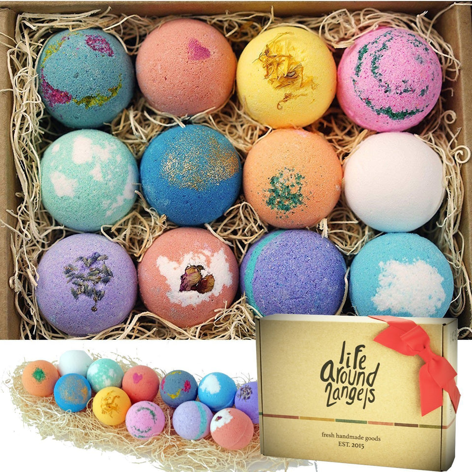 LifeAround2Angels front packaging showing 12-bath bomb set and gift-ready presentation
