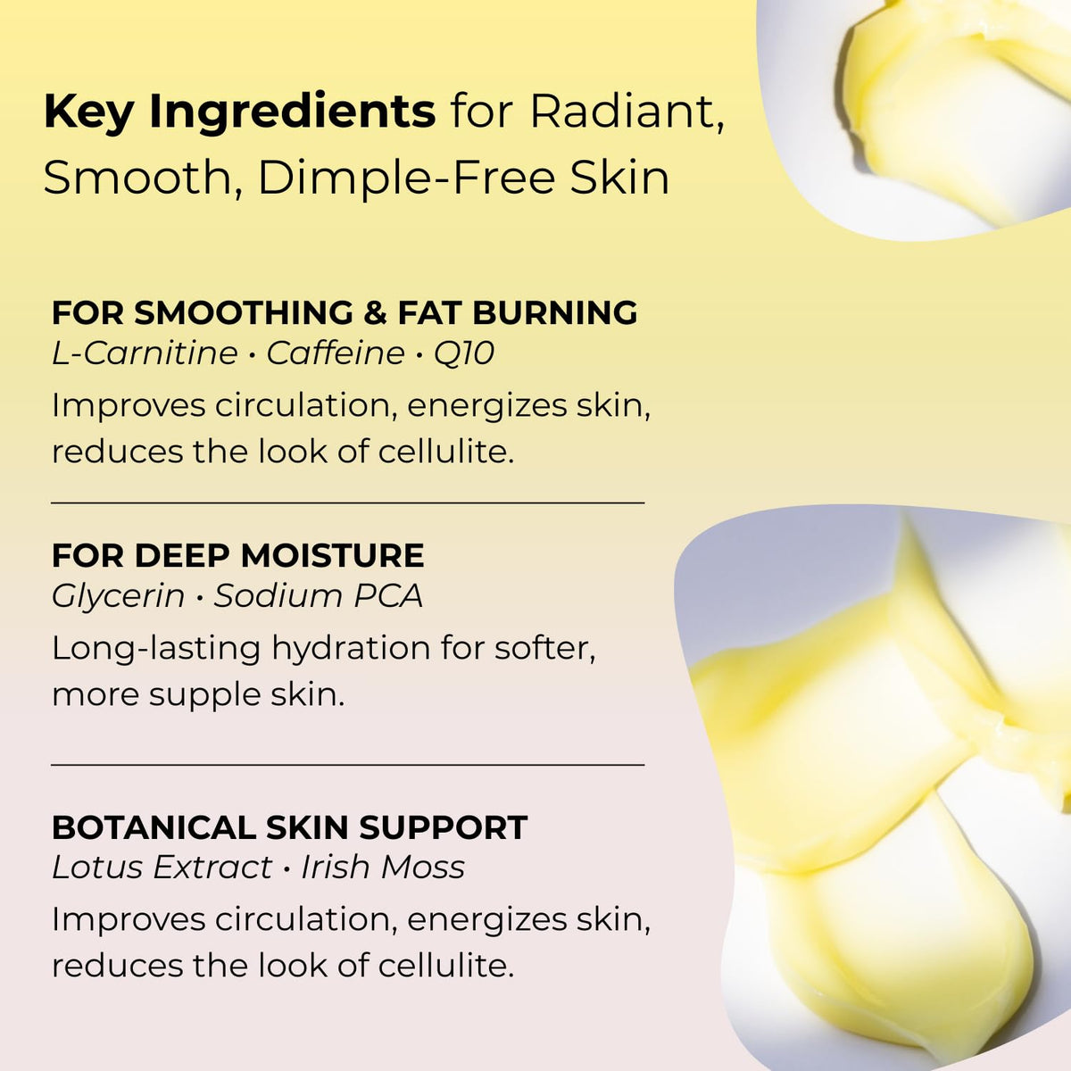 Life's Butter applied to thigh demonstrating targeted smoothing benefit