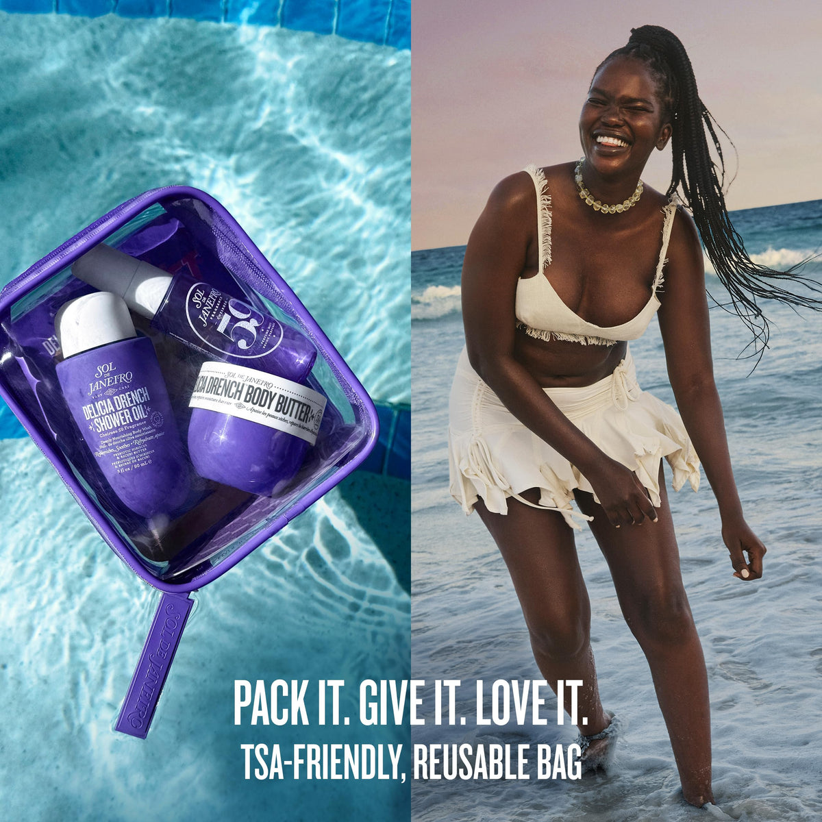 Sol de Janeiro lifestyle with kit on beach towel showing travel-ready care