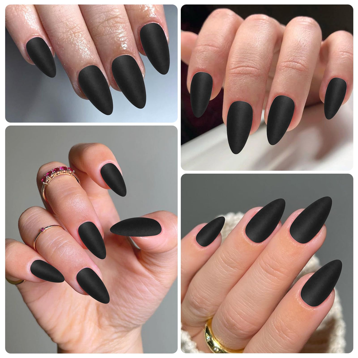 Lifextol lifestyle shot with matte black almond nails for a stylish evening look