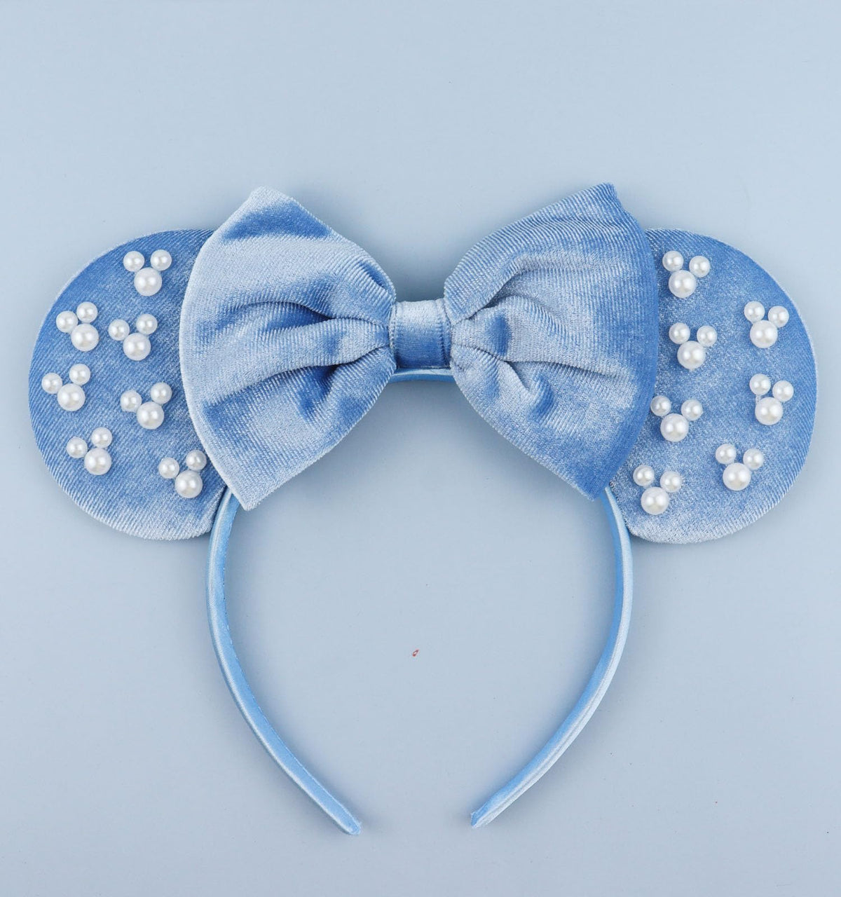 LIHELEI front view blue velvet mouse ears headband showcases elegant party-ready design