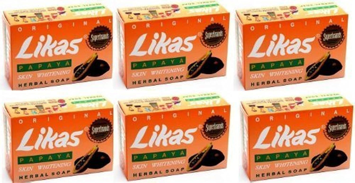 Likas papaya soap front packaging showing six bars and fresh-fruit benefit