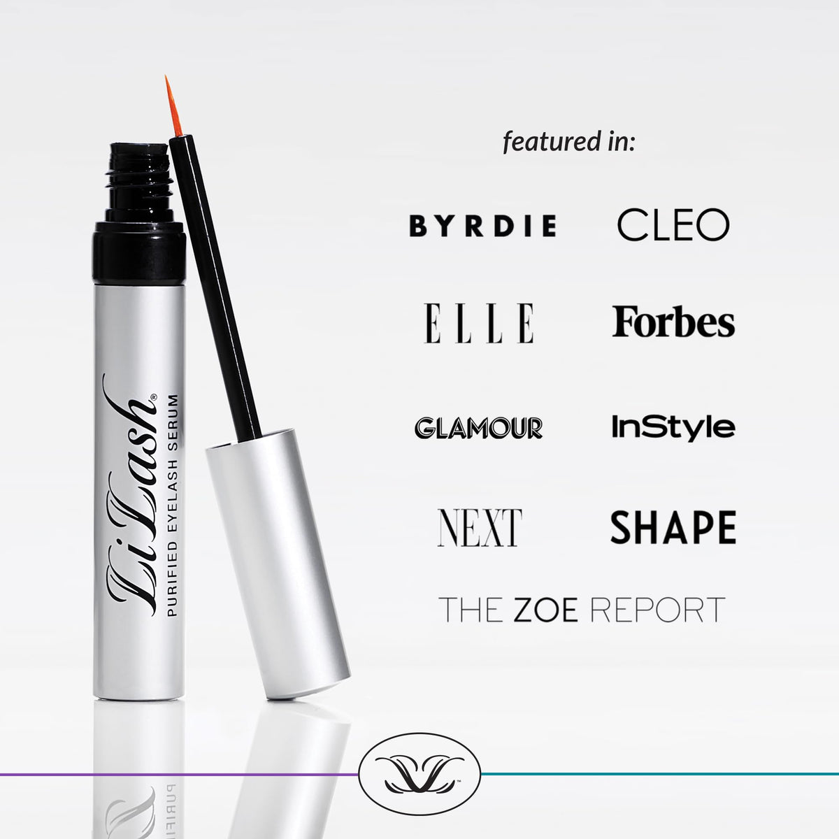 LiLash on a bathroom vanity with brushes, suggests integration into everyday beauty routine