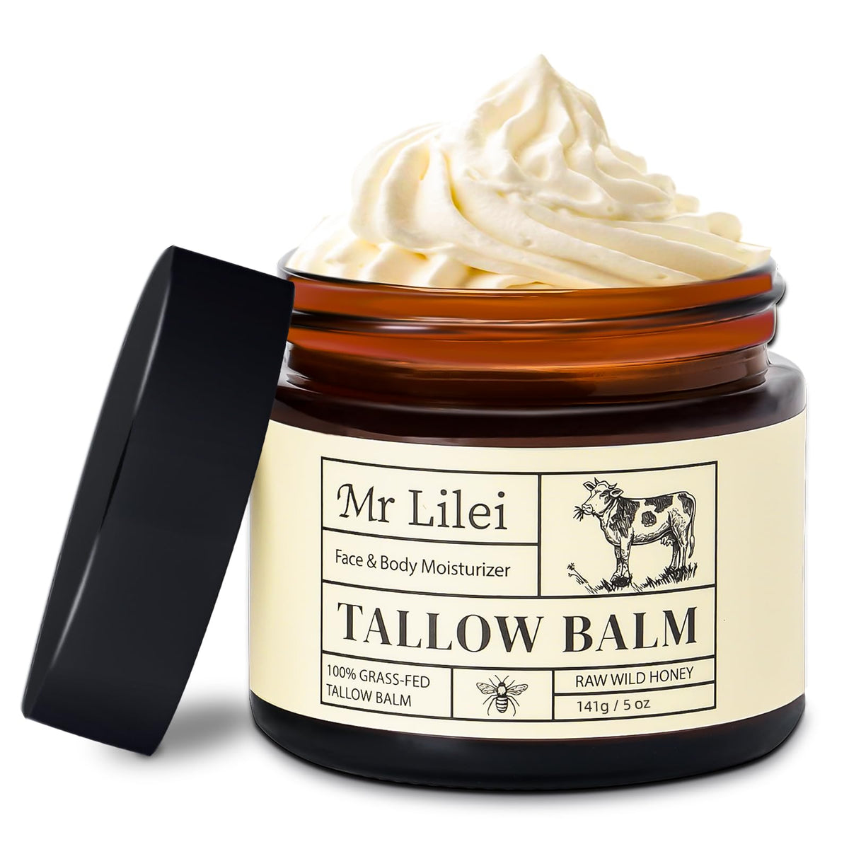 Lilei Beauty front jar showing unscented whipped tallow balm and label benefit