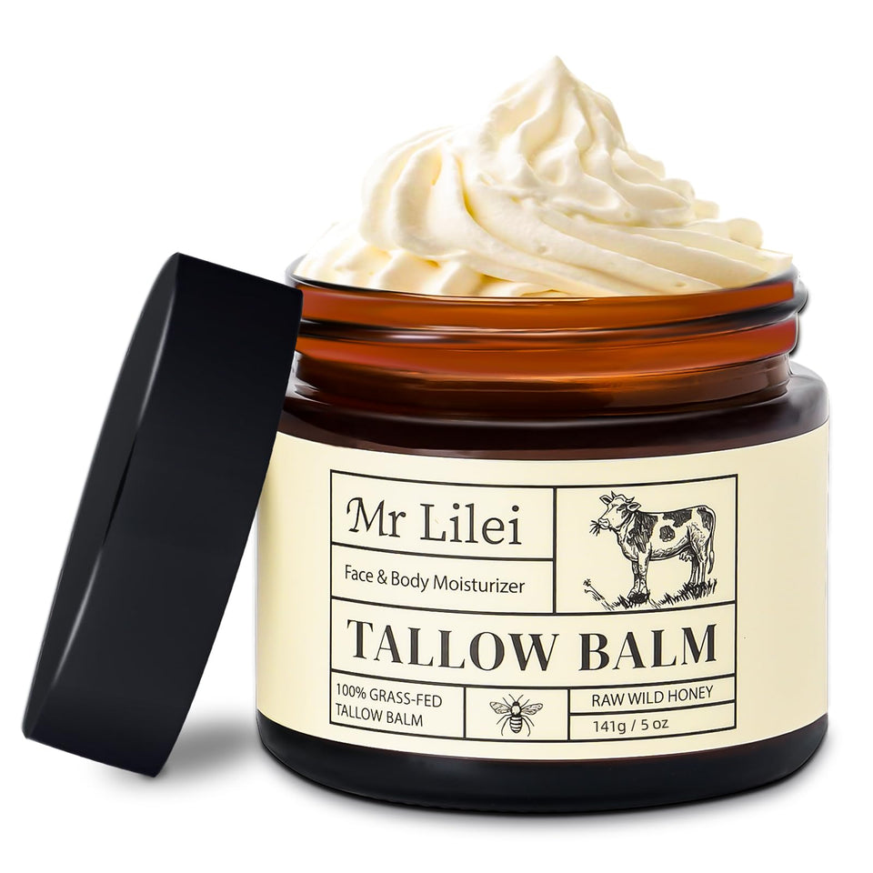 Lilei Beauty front jar showing unscented whipped tallow balm and label benefit