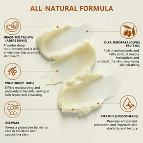 Lilei Beauty ingredients flatlay highlighting grass-fed tallow and honey benefits