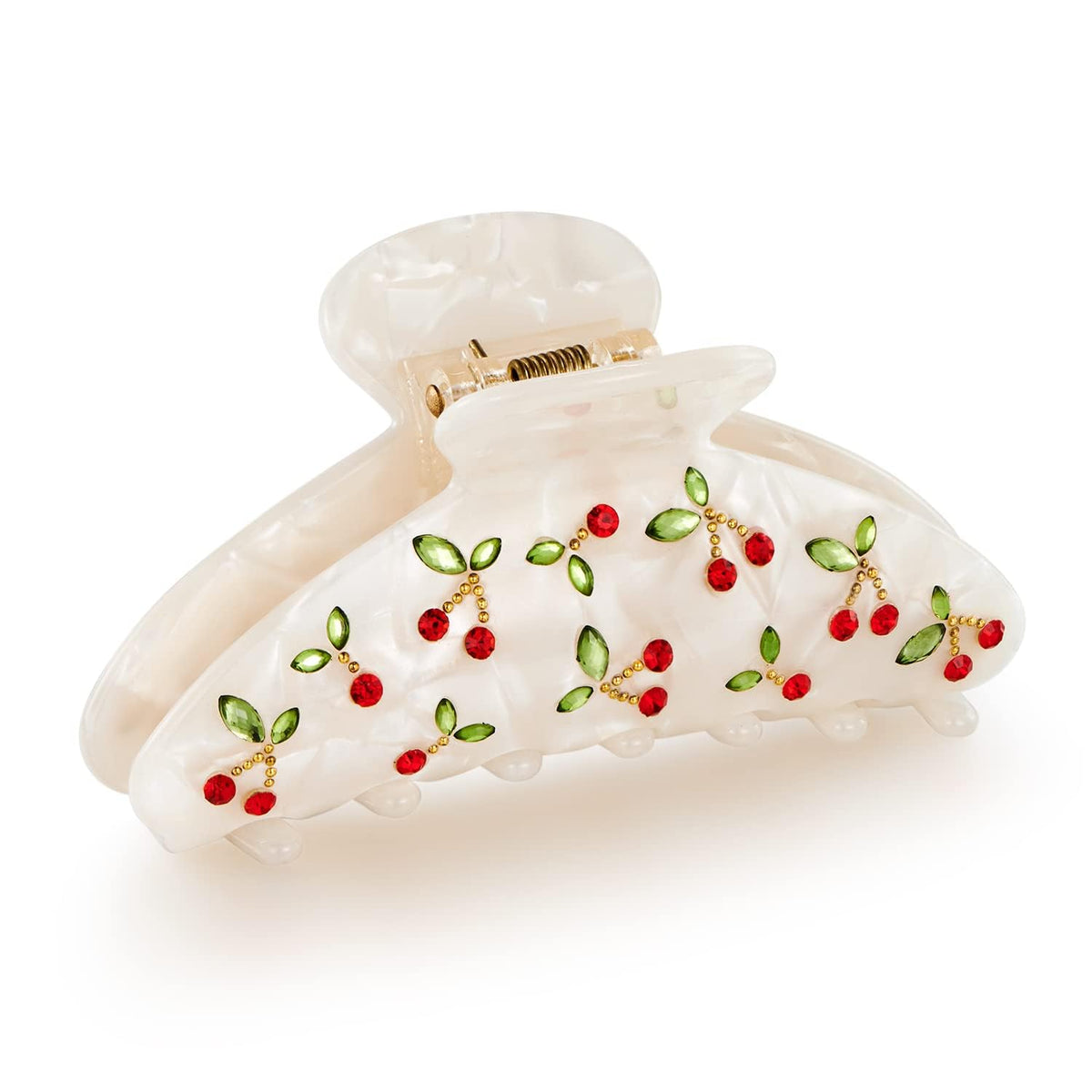 LILIE&WHITE front view red cherry clip shows sparkly accent and secure hold