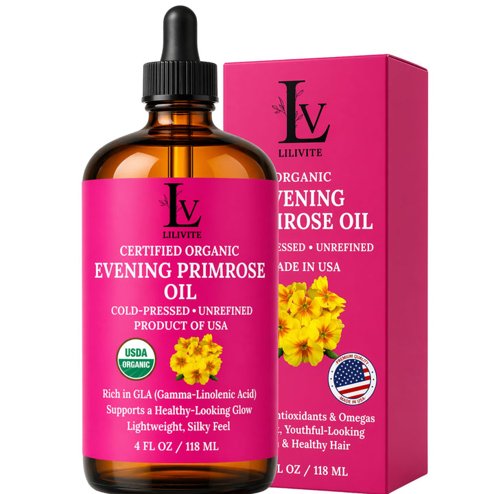 LILIVITE ORGANICS front bottle shot showing pure evening primrose oil and clean label benefit