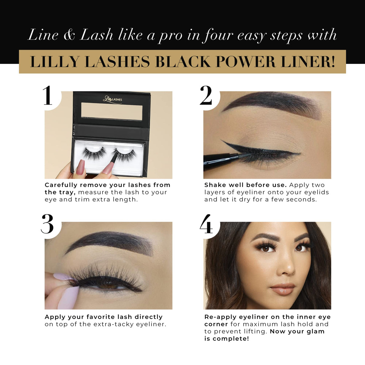 Lilly Lashes Power Liner lash application demo securing strip lash for quick wear