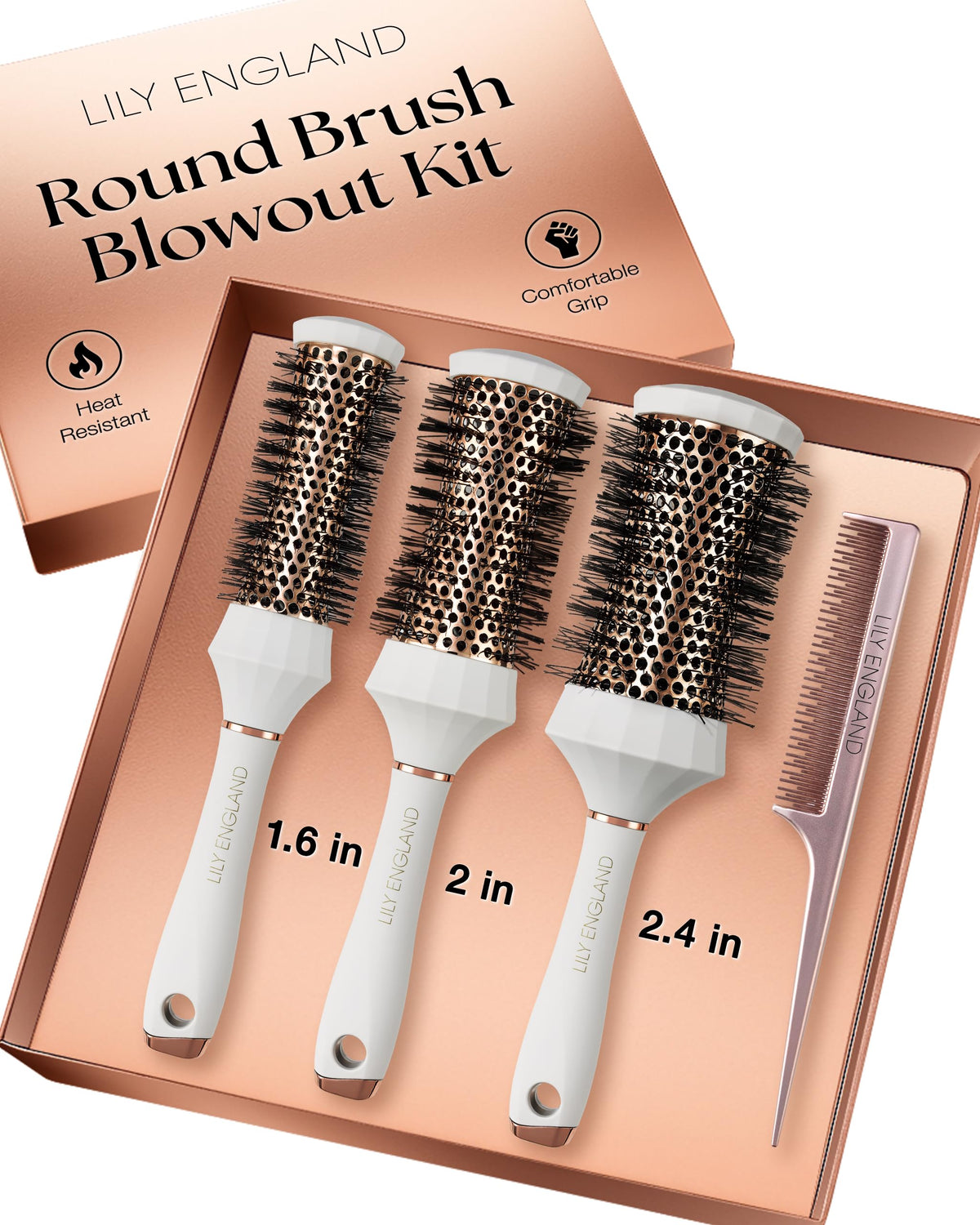 Lily England front package showing the white 4-piece blow-dry kit, perfect for gifting
