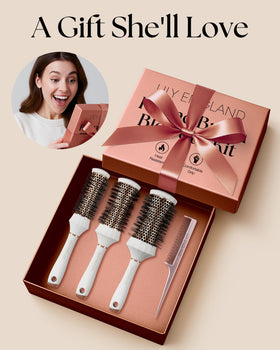 Lily England gift box and brushes styled on a vanity to show presentation and gift appeal
