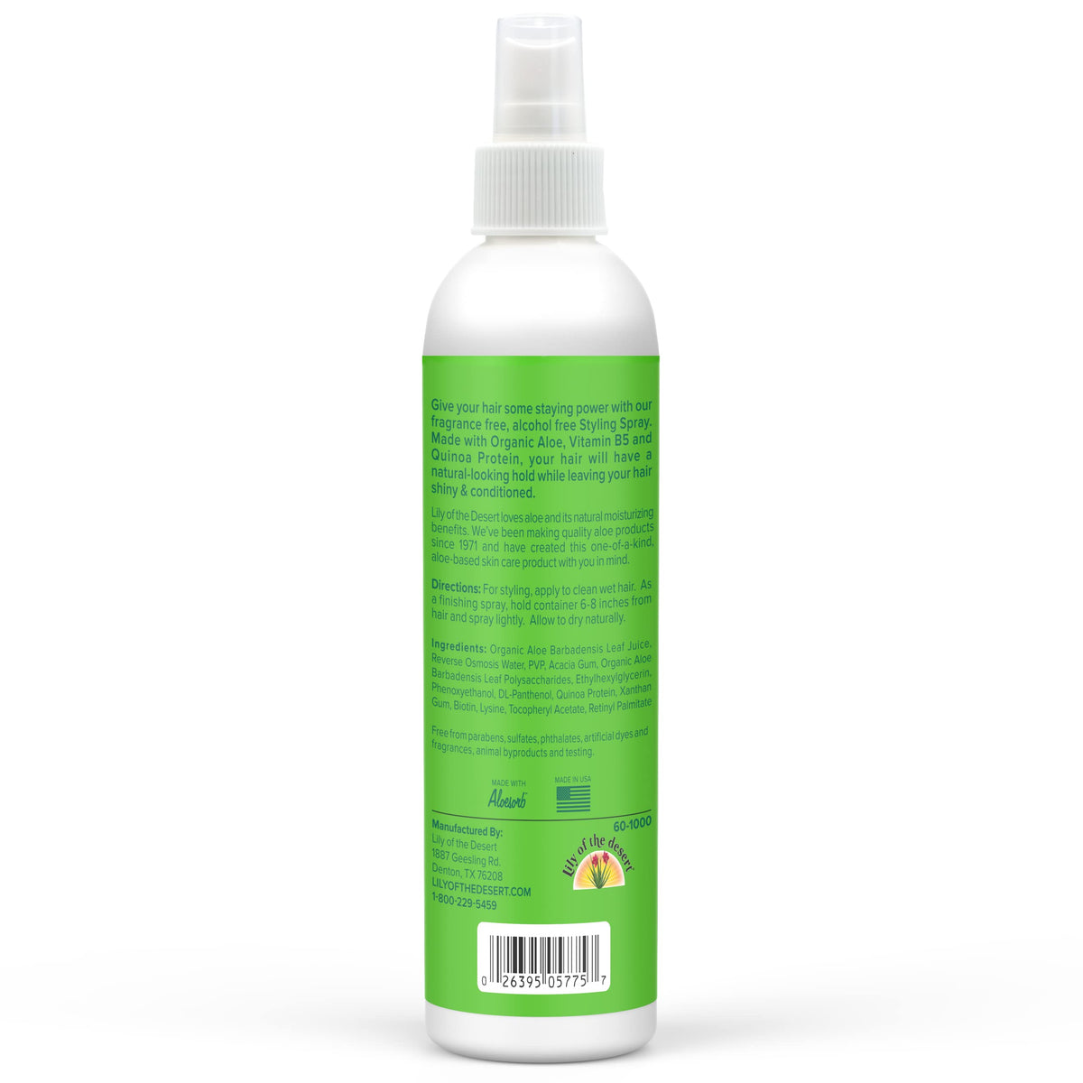 Lily Of The Desert back label showing ingredients and clean formulation benefit
