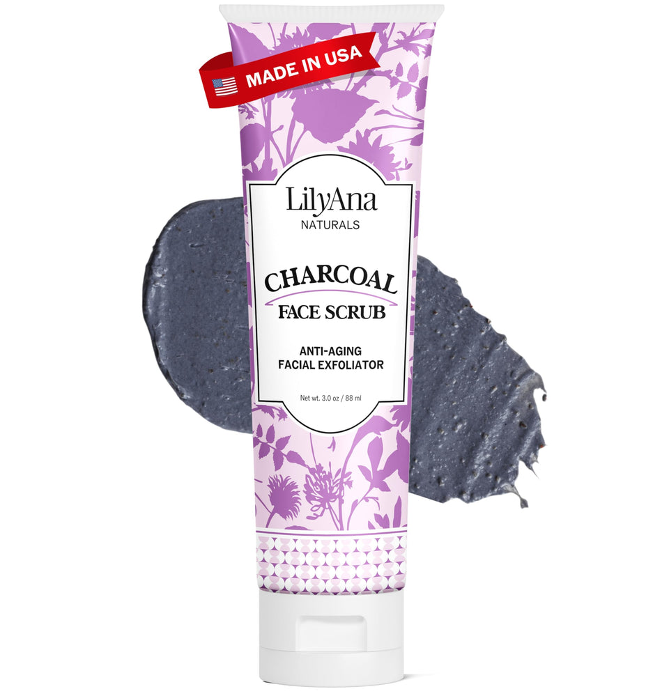 LilyAna Naturals charcoal scrub front tube showing label and benefit smoothing