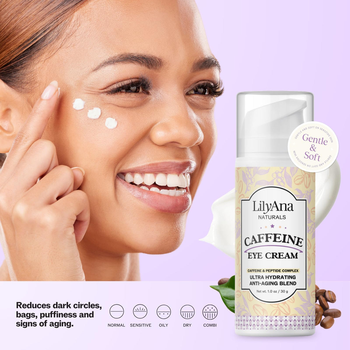LilyAna Naturals cream on fingertip demonstrating lightweight spreadability benefit