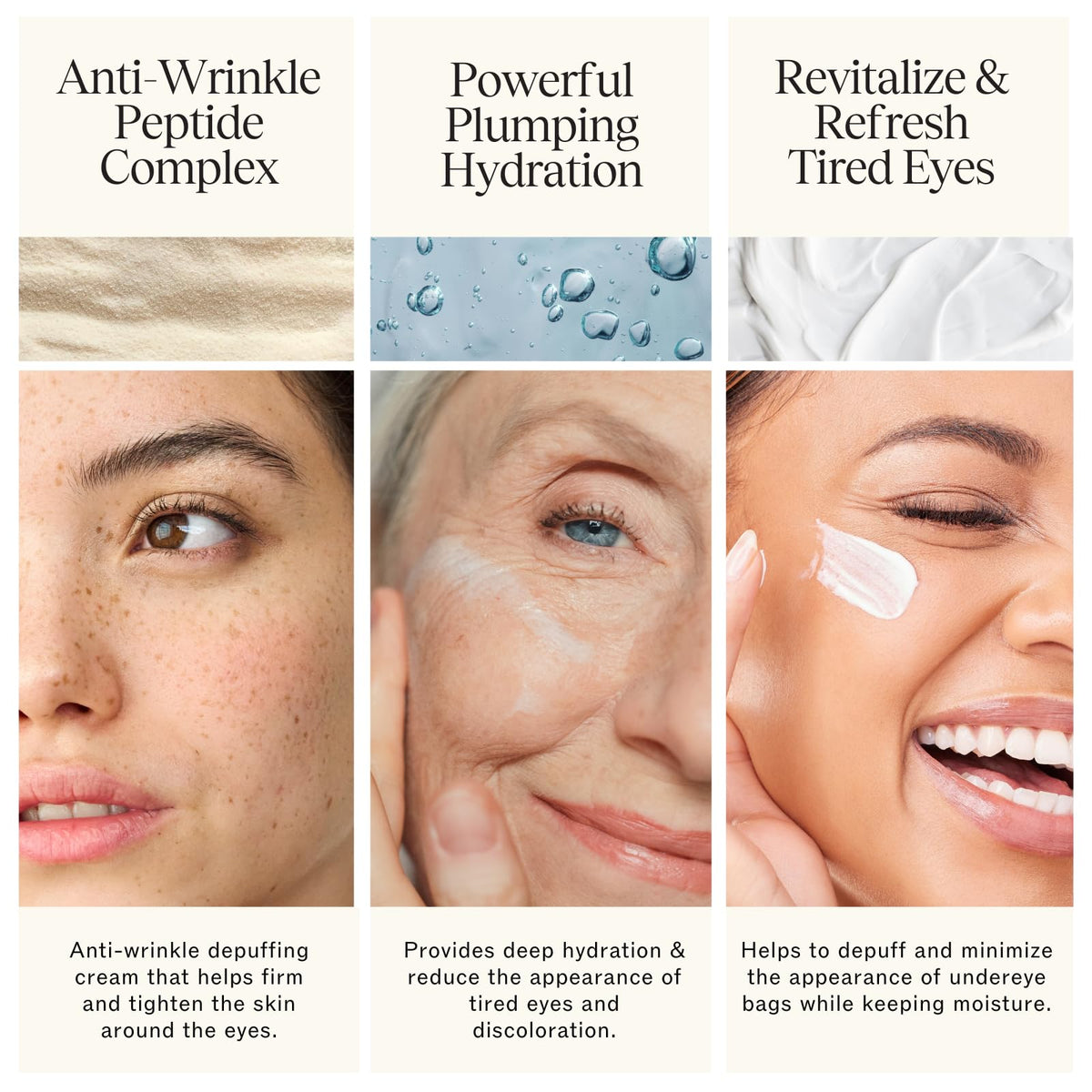 LilyAna Naturals applying eye cream under eye showing de-puffing benefit
